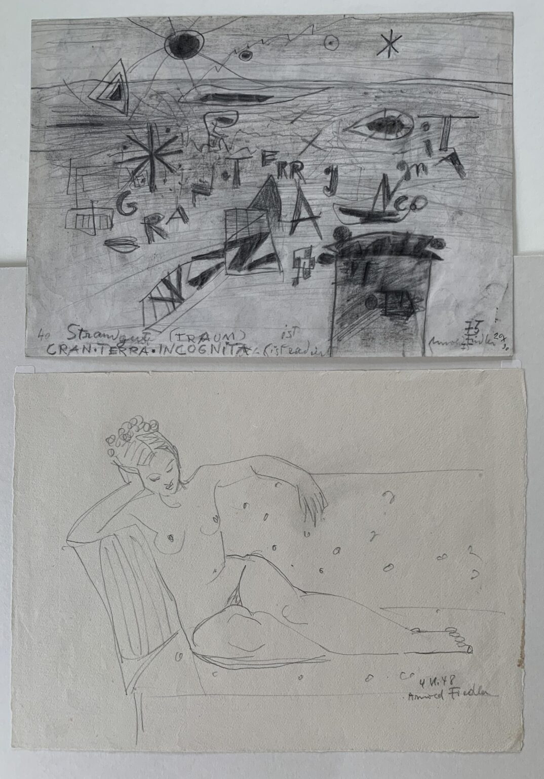 Arnold Fiedler Konvolut 3 - Arnold Fiedler Bestehend aus:
Zeichnung Strandgut 1975 signiert
21 x 30 cm 
Zeichnung Frauenakt von 1948 signiert
23 x 31 cm