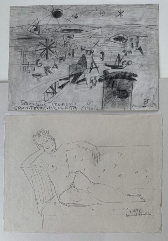 Arnold Fiedler Konvolut 3 - Arnold Fiedler Bestehend aus:
Zeichnung Strandgut 1975 signiert
21 x 30 cm 
Zeichnung Frauenakt von 1948 signiert
23 x 31 cm