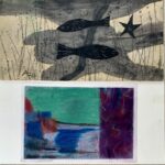 Bestehend aus:
exotische Fische von 1984 &Ouml;l/Pappe
25 x 50 cm monogrammiert
Vorhang Nacht von 1977 Pastellkreide