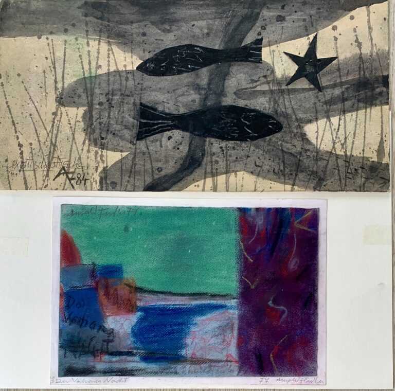 Arnold Fiedler Konvolut 2 - Arnold Fiedler Bestehend aus:
exotische Fische von 1984 Öl/Pappe
25 x 50 cm monogrammiert
Vorhang Nacht von 1977 Pastellkreide