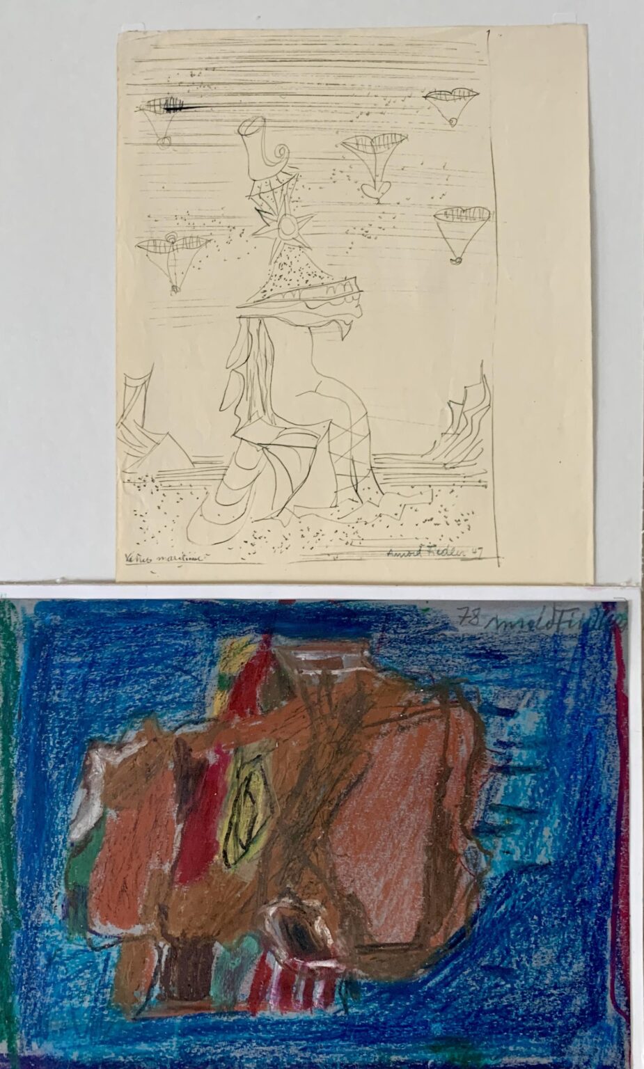 Arnold Fiedler Konvolut 5 - Arnold Fiedler Bestehend aus:
Fr&uuml;he Zeichnung von 1947 Venus
33 x 25 cm signiert 47  und 
&Ouml;lkreide auf Papier1978
24,5 x 33 cm oben signiert 78