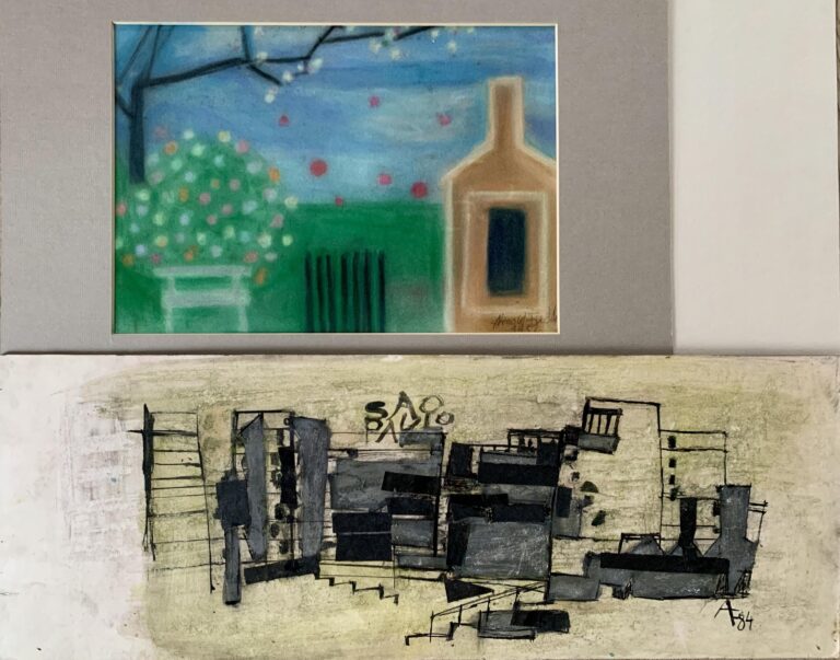 Arnold Fiedler Konvolut 7 - Arnold Fiedler Bestehend aus:
Pastellkreide von 1952
Garten und Trulows Haus 
25 x 35 cm signiert datiert 1952  und
Öl auf Malpappe monogrammiert 84
21,5 x 60 cm Sao Paulo