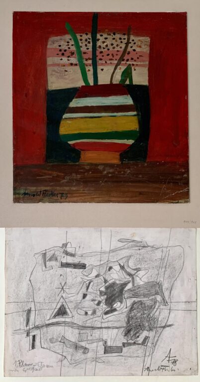 Arnold Fiedler Konvolut 8 - Arnold Fiedler Bestehend aus :
Öl auf Malpappe signiert (19) 74
"Gestreifte Technik"
32,5 x 29,5 cm
 Zeichnung auf Papier signiert (19) 78
"1.Plan Traum von Großstadt"