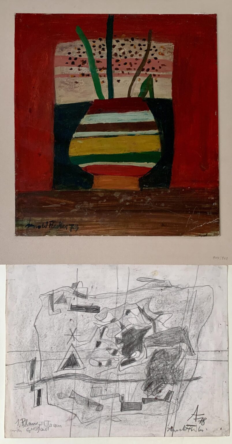Arnold Fiedler Konvolut 8 - Arnold Fiedler Bestehend aus :
&Ouml;l auf Malpappe signiert (19) 74
"Gestreifte Technik"
32,5 x 29,5 cm
 Zeichnung auf Papier signiert (19) 78
"1.Plan Traum von Gro&szlig;stadt"