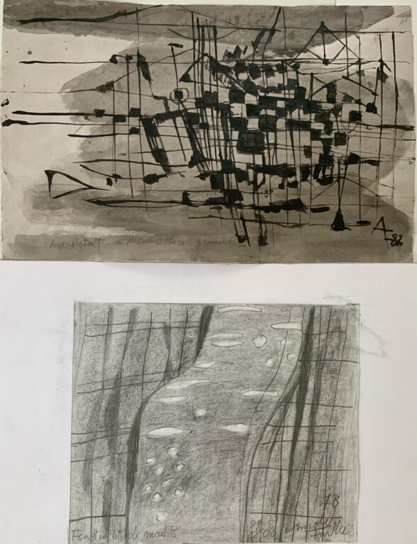 Arnold Fiedler Konvolut 9 - Arnold Fiedler Bestehend aus:
Mischtechnik auf Papier 27,5 x 41 cm
"ohne Pinsel gemacht"
monogrammiert  AF 82
Bleistiftzeichnung signiert 78
Fensterblick Nachts 24 x 29 cm