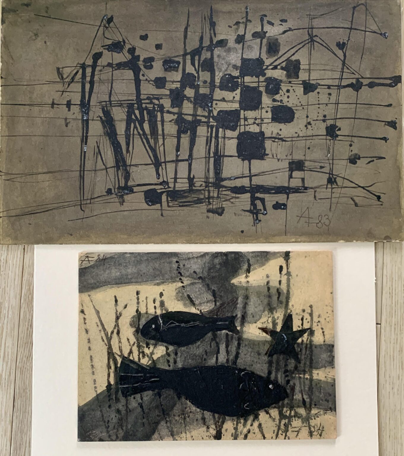 Arnold Fiedler Konvolut 6 - Arnold Fiedler Bestehend aus:
&Ouml;l auf Malpappe Plan von 1983
25,5 x 41 monogrammiert 83
&Ouml;l auf Malpappe Fische
19 x 26 cm monogrammiert 84