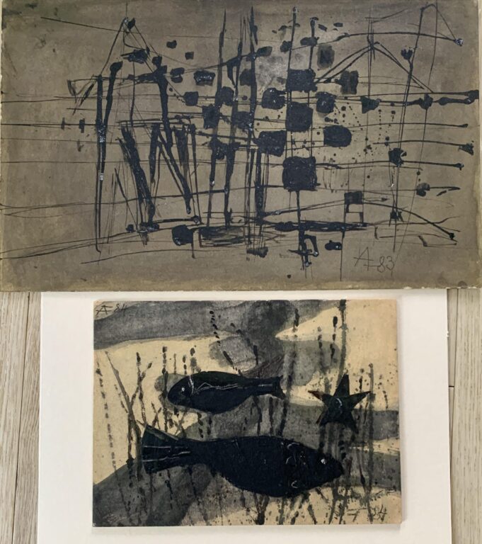 Arnold Fiedler Konvolut 6 - Arnold Fiedler Bestehend aus:
Öl auf Malpappe Plan von 1983
25,5 x 41 monogrammiert 83
Öl auf Malpappe Fische
19 x 26 cm monogrammiert 84