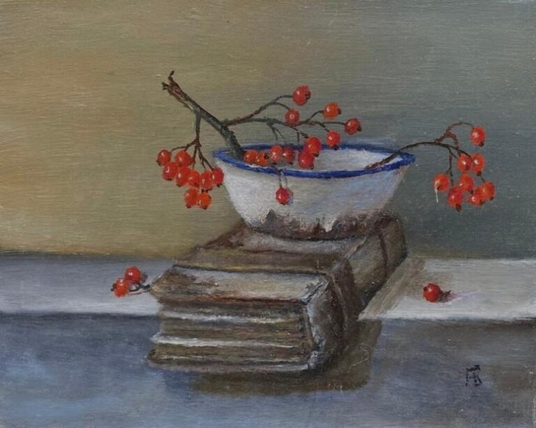 Stillleben mit Johannisbeeren und Buch - Alfred Baumann 