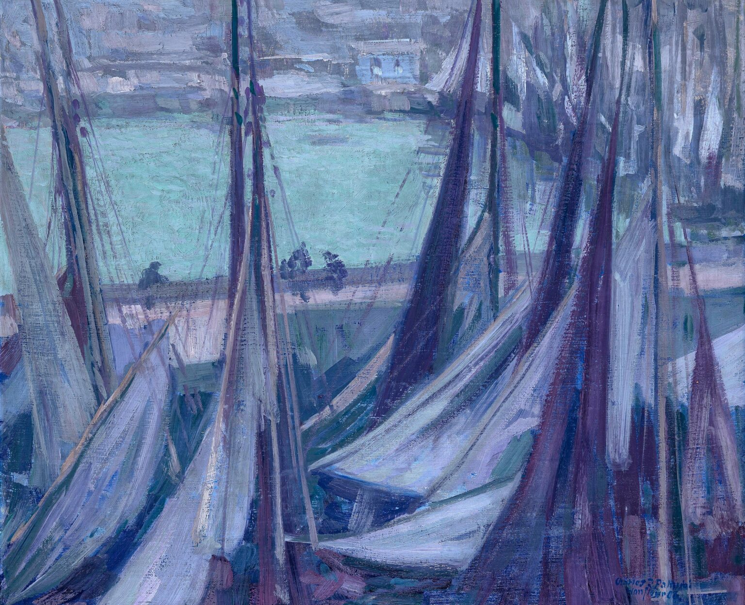 Segelboote im Hafen von Honfleur in der D&auml;mmerung - Charles Johann Palmi&eacute; 