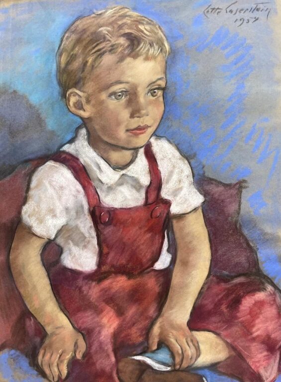 Sitzender blonder Junge mit Latzhose - Lotte Laserstein 