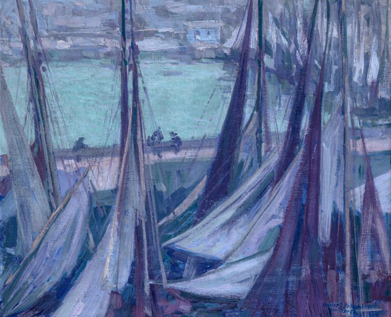 Segelboote im Hafen von Honfleur in der Dämmerung - Charles Johann Palmié 