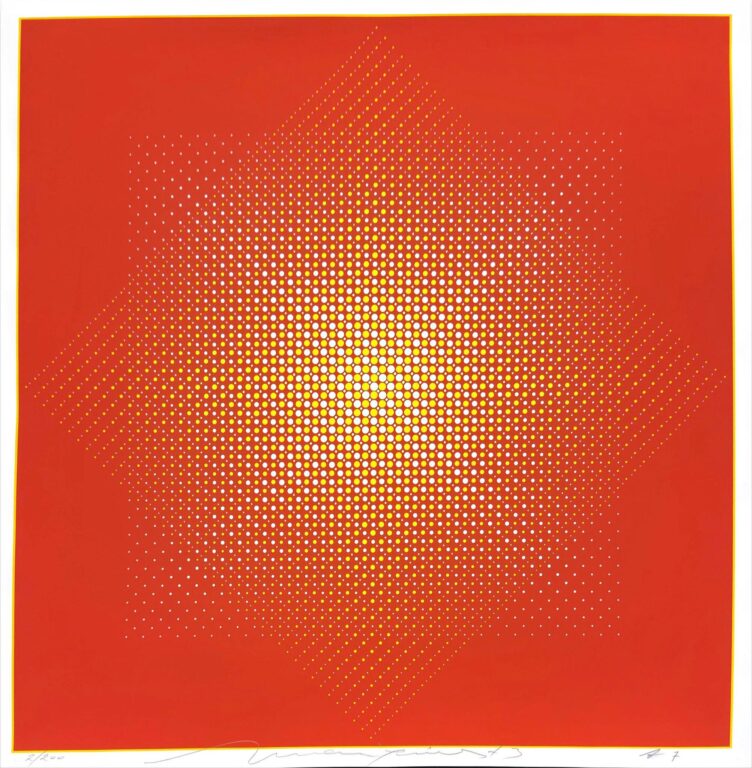 Zwei Quadrate Gelb, Weiß auf Rot - Almir da Silva Mavignier 