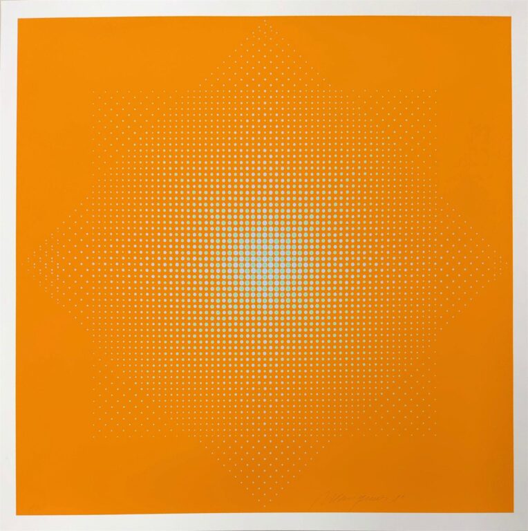 Zwei Quadrate, Hellgrün, Hellblau auf Orange - Almir da Silva Mavignier 