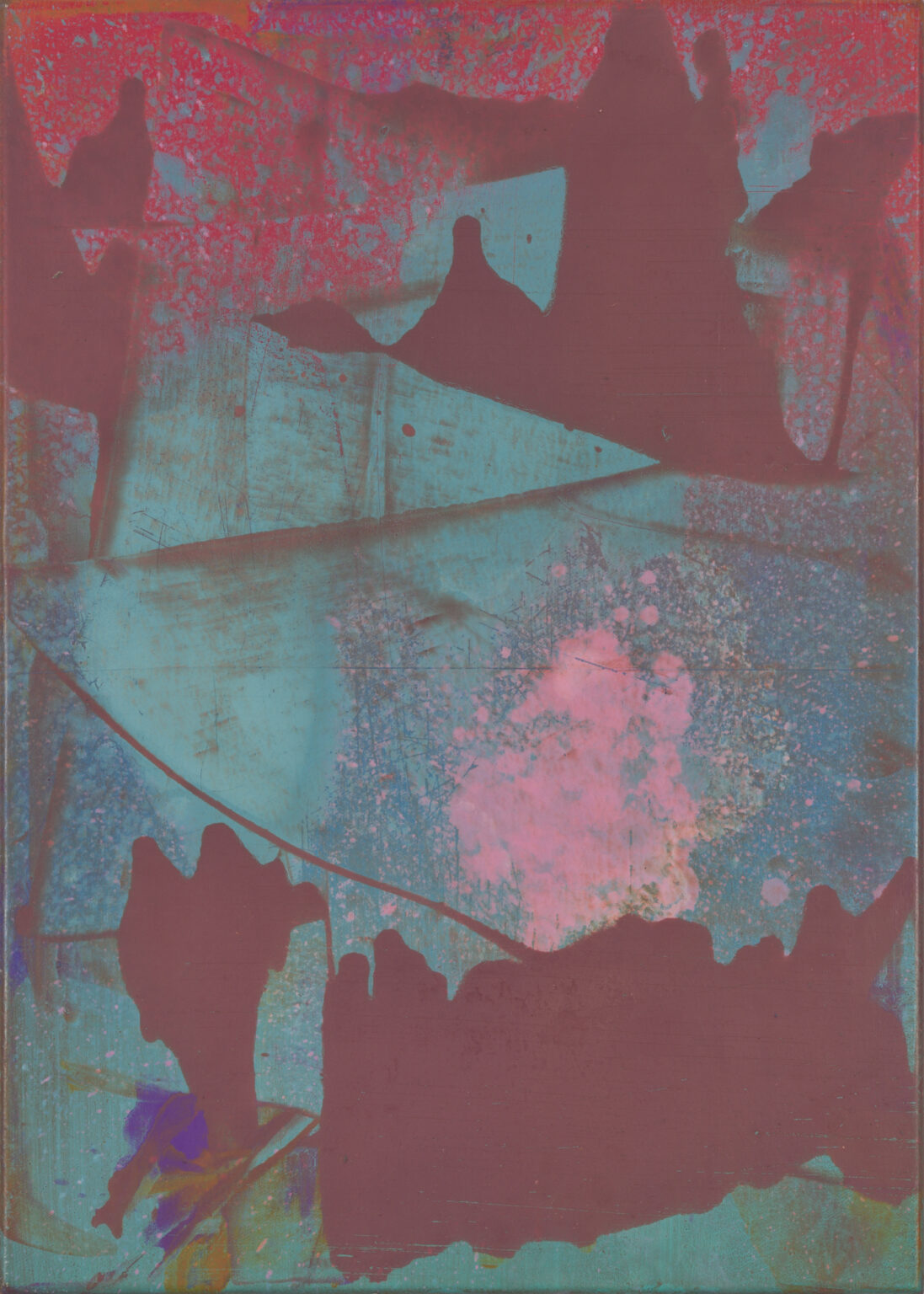 Nothing to See (rosa Wolke) Abstraktes Gemälde Nothing to See (rosa Wolke) von Matthias Reinmuth (2023), in kräftigen Cyan-, Pink- und Rottönen, mit wolkenähnlichen Formen und schwebender Komposition.