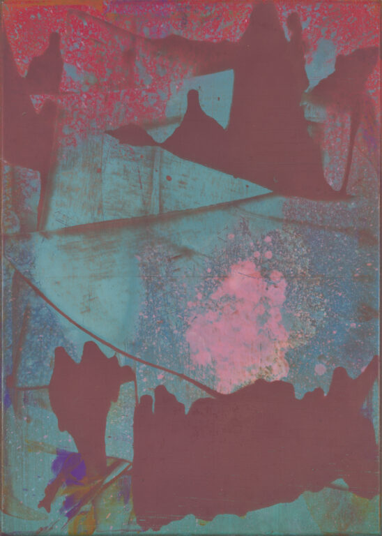 Nothing to See (rosa Wolke) Abstraktes Gemälde Nothing to See (rosa Wolke) von Matthias Reinmuth (2023), in kräftigen Cyan-, Pink- und Rottönen, mit wolkenähnlichen Formen und schwebender Komposition.